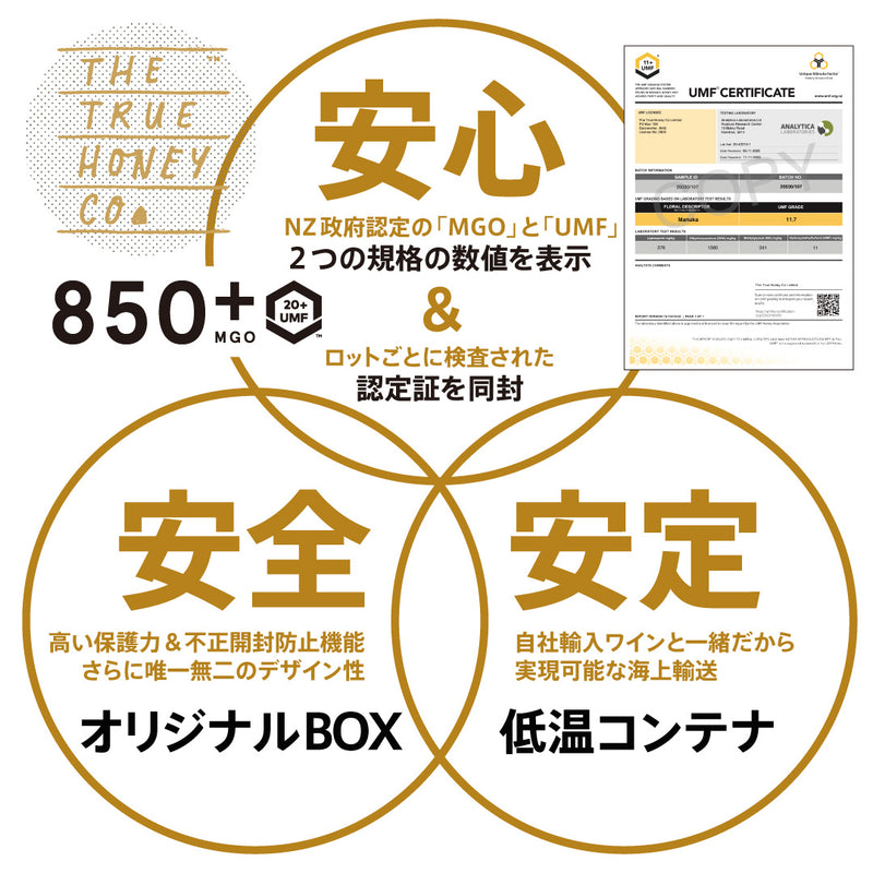 ★定期便★【トゥルーハニー】マヌカハニー／MGO850＋(UMF20＋)  10%OFF&送料無料